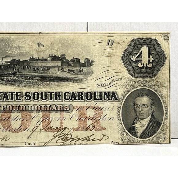 1862 Bank of State South Carolina Fort Sumter Four Dollar Note #9 Serial Number! - Picture 3 of 4